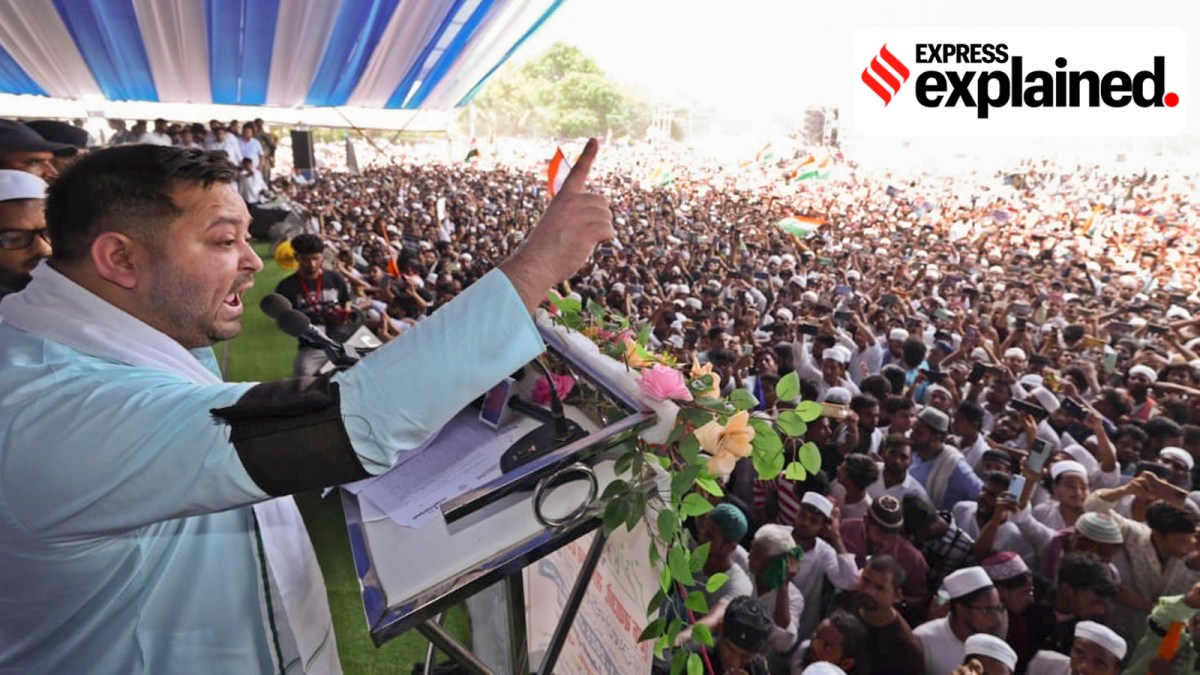 RJD leader Tejaswi Yadav speaks during the 'Waqf Bachao Samvidhan Bachao' conference organised in protest against the Waqf (Amendment) Act, 2025, in Patna, Sunday, June 29, 2025. (PTI Photo)