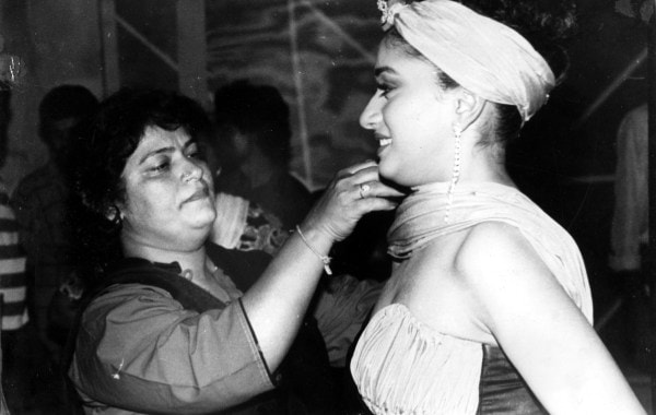 Choreographer Saroj Khan and Madhuri Dixit on the set of film Dil. Express archive photo