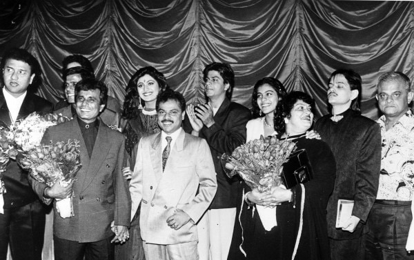 Music director Anu Malik, Director Abbas, Mustan, Shilpa Shetty, Shah Rukh Khan, Kajol, Saroj Khan and Champak Jain. Express archive photo