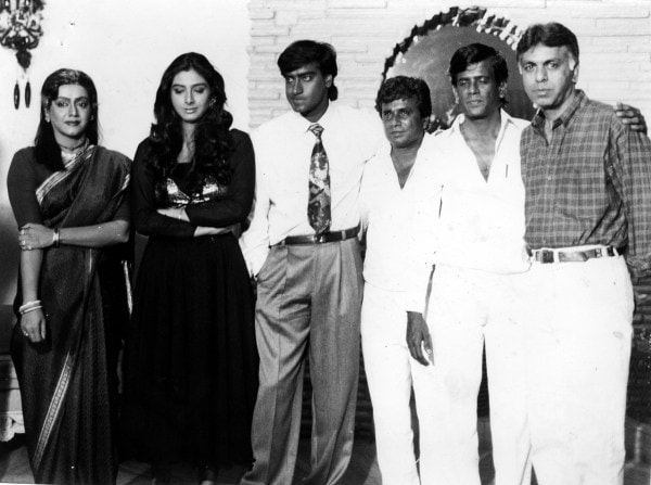 Actors Jayshree T, Tabu, Ajay Devgn, film director Abbas, Mustan and Shyam Bajaj on the set of film Chhalia. Express archive photo