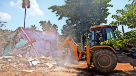 Assam, Assam eviction drive, eviction drive in Assam, Assam government, Assam govt, Assam eviction drive 2025, Dhubri eviction Assam, Himanta Biswa Sarma eviction, Assam thermal power project, Adani Assam power plant, Charuabakhra eviction news, Bengali Muslims eviction Assam, Raijor Dal Akhil Gogoi detained, Assam government khas land, Assam eviction clashes, APDCL thermal plant Dhubri, Assam land rights conflict, Assam eviction lathi charge, Assam stone pelting police, Indian Express, Indian Express news, Assam eviction July 2025, Dhubri eviction protest, Assam land acquisition compensation, Baizar Alga rehabilitation