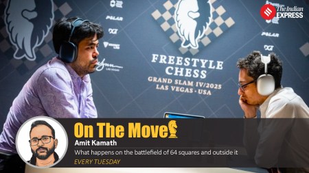 Fabiano Caruana and Hikaru Nakamura, both wearing noise-cancellation headphones, play at the Las Vegas event of the Freestyle Chess Grand Slam Tour. (PHOTO: Freestyle Chess)