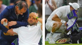 Grigor Dimitrov reacts while getting treatment for the injury (left) and then after retiring injured from the fourth round men's singles match against Jannik Sinner at the Wimbledon Tennis Championships. (AP Photo)