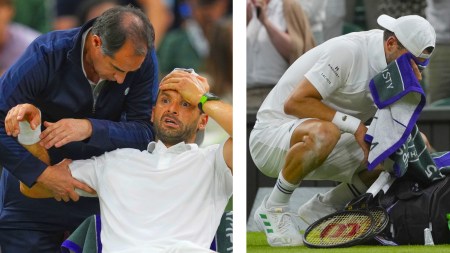 Grigor Dimitrov reacts while getting treatment for the injury (left) and then after retiring injured from the fourth round men's singles match against Jannik Sinner at the Wimbledon Tennis Championships. (AP Photo)