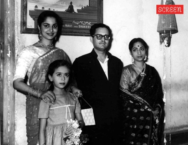 Waheeda Rehman (left), Guru Dutt (center) and his wife, singer Geeta Dutt (right