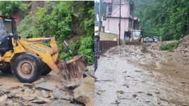 JCB working to remove heavy stones from a road in Mandi town (Left); A mud-filled road after flash floods near DAV School, Mandi (Right)