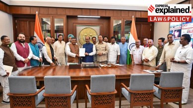 Lok Sabha Speaker Om Birla receives a notice for the removal of the Allahabad High Court Judge Yashwant Varma from BJP MPs Ravi Shankar Prasad and Anurag Thakur, DMK MP T R Baalu and other parliamentarians, in New Delhi.