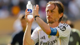 Real Madrid's Luka Modric applauds after the Club World Cup semifinal soccer match between PSG and Real Madrid in East Rutherford, N.J., Wednesday, July 9, 2025. (AP Photo)