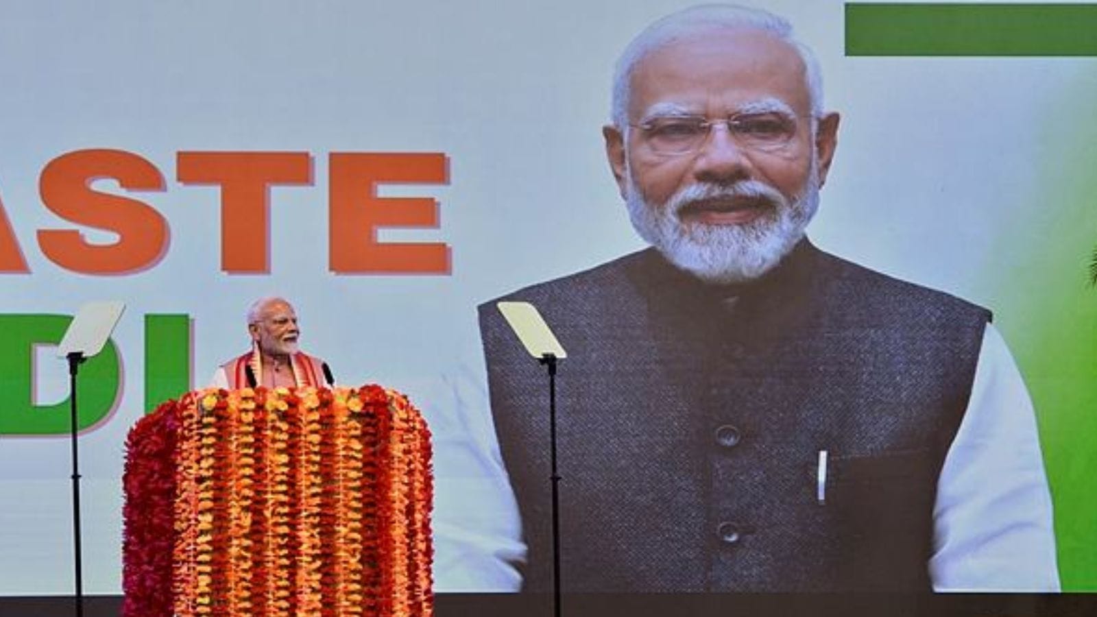 Indian Prime Minister Narendra Modi addresses the crowd during an event with the Indian diaspora at the National Cycling Centre in Couva, Trinidad and Tobago,