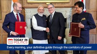 Prime Minister Narendra Modi shakes hands with Prime Minister of the United Kingdom, Keir Starmer during a bilateral meeting, in London on Thursday. Union Minister of Commerce and Industry Piyush Goyal also present. (
