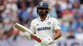 India's Karun Nair walks after being caught during day four of the second cricket test match between England and India at Edgbaston in Birmingham, England, Saturday, July 5, 2025. (AP Photo/Scott Heppell)