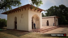 Union Minister for tourism and culture Gajendra Singh Shekhawat, LG Vinai Kumar Saxena, Delhi CM Rekha Gupta and MP Parveen Khandelwal at the Unveiling of the medieval era Sheesh Mahal & other restored heritage buildings in Shalimar Bagh, New Delhi on Wednesday