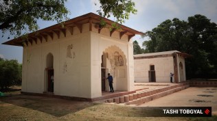 Union Minister for tourism and culture Gajendra Singh Shekhawat, LG Vinai Kumar Saxena, Delhi CM Rekha Gupta and MP Parveen Khandelwal at the Unveiling of the medieval era Sheesh Mahal & other restored heritage buildings in Shalimar Bagh, New Delhi on Wednesday