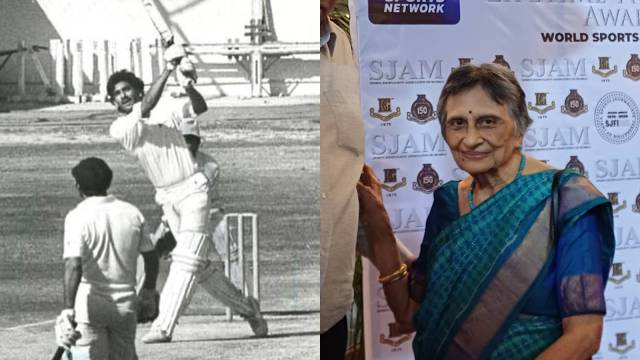 Lakshmi Shastri was accepting a Lifetime Achievement Award on her son's behalf at Bombay Gymkhana in Mumbai from the Sports Journalists Association of Mumbai. (Ravi Shastri FB/Express Photo by Amit Kamath)
