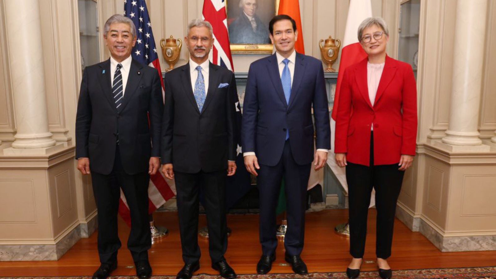 External Affairs Minister S Jaishankar in a group picture with delegations at the All Quad Foreign Ministers meeting, in Washington, D.C. on Tuesday. (@DrSJaishankar X
