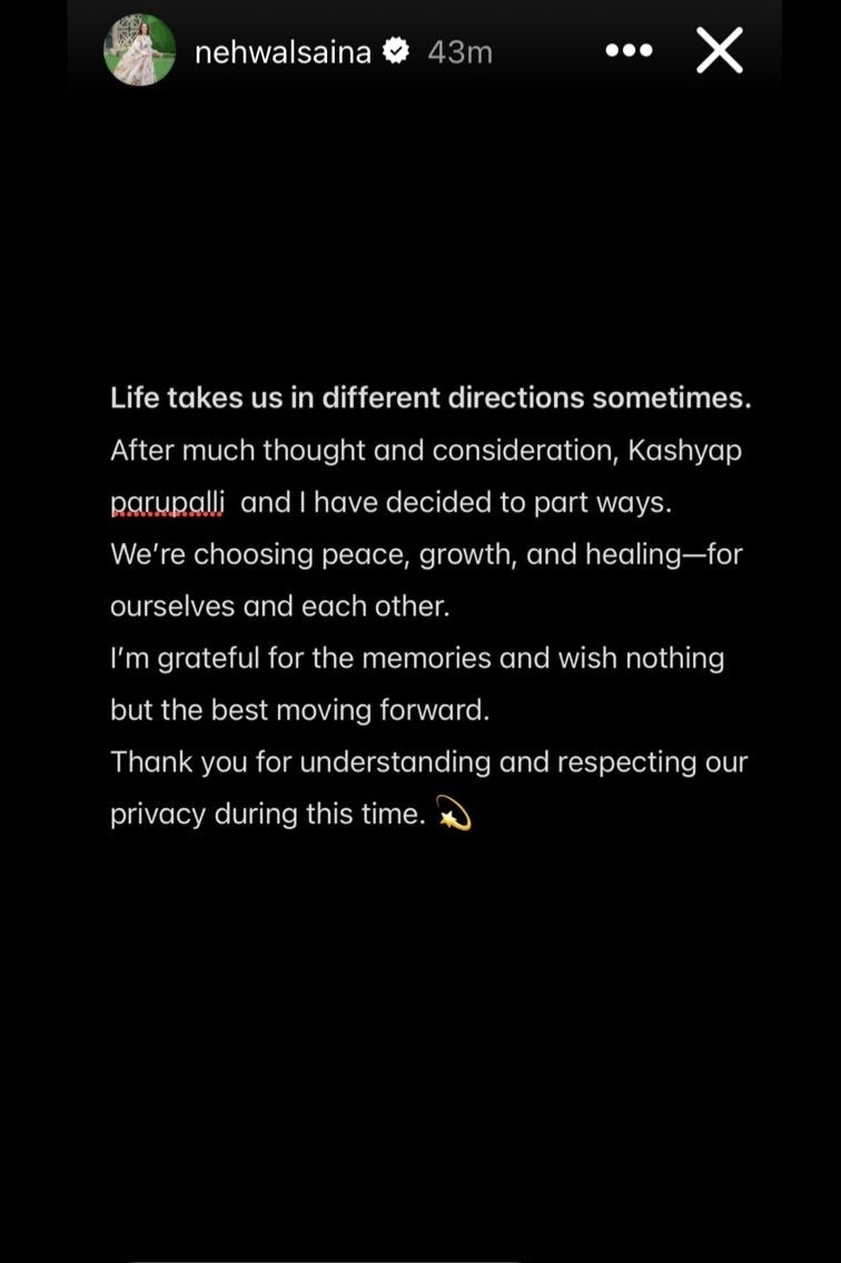 Saina made the bombshell announcement in an Instagram story. (Pic source: Saina Nehwal Instagram screenshot)