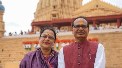 Union Minister Shivraj Singh Chouhan with wife Sadhana Singh at Gujarat's Somnath Temple. (Credit: @OfficeofSSC)
