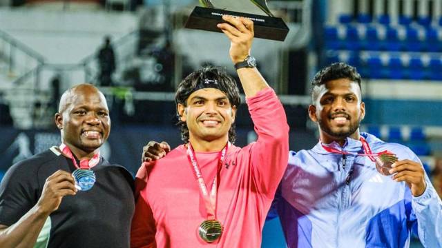 (From left) Julius Yego, Neeraj Chopra and Rumesh Tharanga on the podium at the NC Classic (Photo credit: JSW Sports)