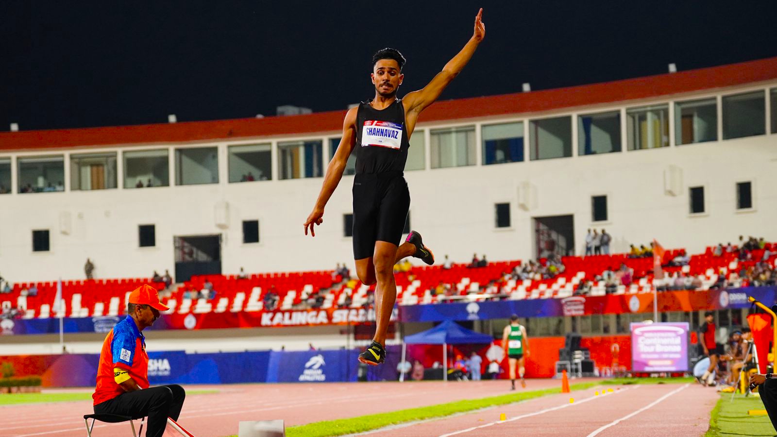 Long jumper Shahnavaz Khan during the final of the men's long jump at the World Athletics Bronze Level Continental Tour in Bhubaneswar. (Photo: Jatin Dhaunchak/AFI) 
