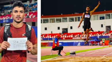 (LEFT) Long jumper Shahnavaz Khan holds his bib after winning the silver medal at the World Athletics Bronze Level Continental Tour in Bhubaneswar; (RIGHT) Shahnavaz Khan during the men's long jump final. (PHOTOS: Special Arrangement, Jatin Dhaunchak/AFI)