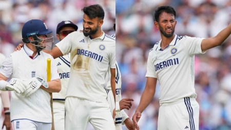 Akash Deep giving send-off to Ben Duckett and Prasidh Krishna engaged in verbal chat with Joe Root. (AP)