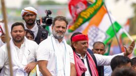 LoP in the Lok Sabha and Congress leader Rahul Gandhi with Samajwadi Party President Akhilesh Yadav and RJD leader Tejashwi Yadav during the 'Voter Adhikar Yatra', in Saran district, Bihar. (AICC via PTI Photo)
