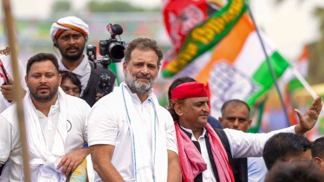 LoP in the Lok Sabha and Congress leader Rahul Gandhi with Samajwadi Party President Akhilesh Yadav and RJD leader Tejashwi Yadav during the 'Voter Adhikar Yatra', in Saran district, Bihar. (AICC via PTI Photo)