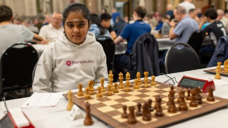Bodhana Sivanandan, a 10-year-old British girl with Indian roots, is now the youngest girl to defeat a grandmaster. (PHOTO: Yuri Krylov via English Chess Federation.)