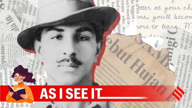 An image of Bhagat Singh with news clippings in the background. His essay, Why I am an Atheist is iconic