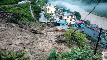 Devastation triggered by heavy rainfall at Tharali, in Chamoli district, Uttarakhand, on Saturday
