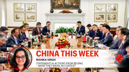 National Security Advisor Ajit Doval with Chinese Foreign Minister Wang Yi during a meeting, in New Delhi, Tuesday, Aug. 19, 2025.