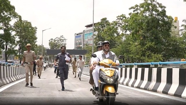 On Tuesday, D K Shivakumar rode the two-wheeler while inspecting the Hebbal flyover loop