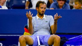 Daniil Medvedev reacts during a match against Benjamin Bonzi in the first-round of the US Open tennis championships in New York. (AP Photo)