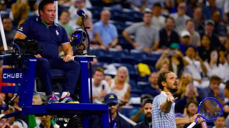 A livid Daniil Medvedev reacts next to chair umpire Greg Allensworth (left) after a photographer ran onto the court during a match against Benjamin Bonzi in the first round of the US Open tennis championships in New York. (AP Photo)