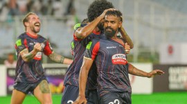 Diamond Harbour captain Jobby Justin celebrates after scoring their second goal against East Bengal in the Durand Cup semi-final. (PHOTO: Durand Cup)