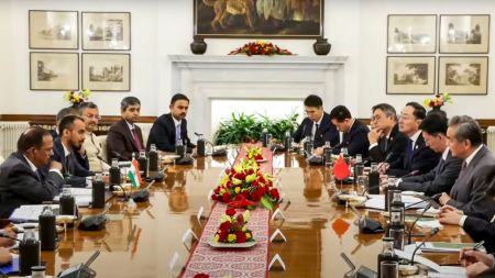 In this screenshot from @MEAIndia via Youtube, National Security Advisor Ajit Doval with Chinese Foreign Minister Wang Yi during a meeting, in New Delhi, Tuesday, Aug. 19, 2025. (@MEAIndia on Youtube via PTI Photo)