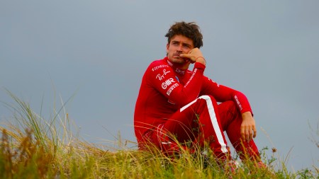 Ferrari driver Charles Leclerc of Monaco sits after a crash during the Formula One Dutch Grand Prix in Zandvoort, Netherlands. (AP Photo)