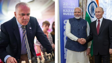 (LEFT) Chess legend Garry Kasparov during a Grand Chess Tour event; Indian prime minister Narendra Modi with Russia's Vladimir Putin. (PHOTOS: Lennart Ootes/GCT, Narendra Modi X)