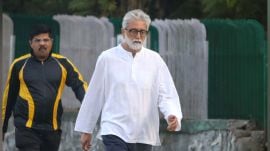 Elgaar Parishad case accused Gautam Navlakha taking a morning walk under heavy security in Navi Mumbai. (Express Archive/Narendra Vaskar)