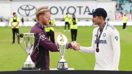 England's captain Ben Stokes, left, and India's captain Shubman Gill shake hands after the end of the fifth cricket test match between England and India at The Kia Oval in London, Monday, Aug. 4, 2025 (Ben Whitley/PA via AP)