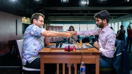 Levon Aronian and D. Gukesh in action during Grand Chess Tour. (Crystal Fuller/Saint Louis Chess)