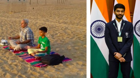 (LEFT) A young Gukesh meditates on the beach; (RIGHT) Gukesh during a felicitation event hosted by Prime Minister Narendra Modi after the Indian teams' Chess Olympiad victory last year. (PHOTOS: Gukesh Instagram, Narendra Modi X)
