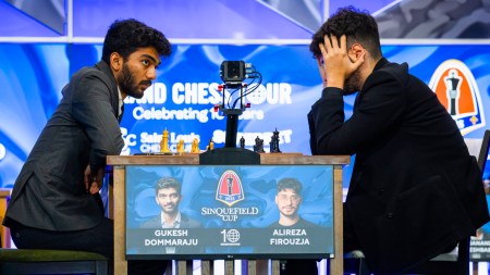 World Champion Gukesh Dommaraju takes on Alireza Firouzja in a Sinquefield Cup 2025 clash. (PHOTO: Lennart Ootes via Grand Chess Tour)