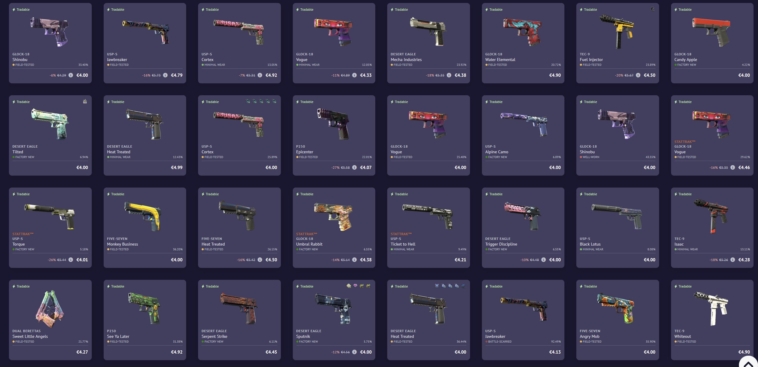 Skins covering weapons in distinctive patterns. 