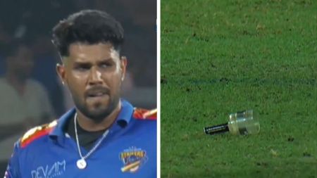 Harshit Rana broke the bail in a DPL 2025 match and followed up with an aggressive send-off to the batter. (X)