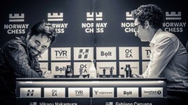 Hikaru Nakamura and Fabiano Caruana playing against each other during a Norway Chess game. (PHOTO: Michal Walusza via Norway Chess)
