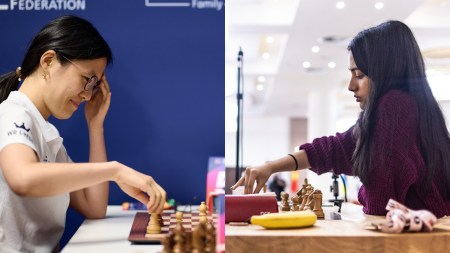 L-R: China's Hou Yifan and India's Divya Deshmukh in action. (FIDE)