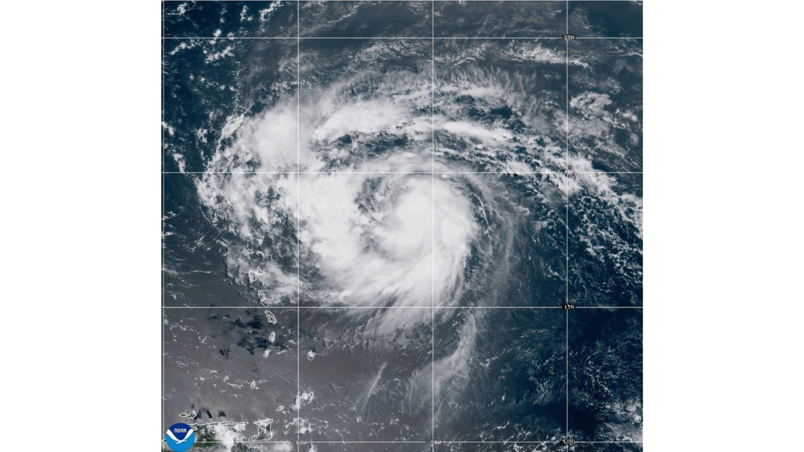 This satellite image provided by NOAA shows Hurricane Erin on Friday, Aug. 15, 2025. (NOAA via AP)