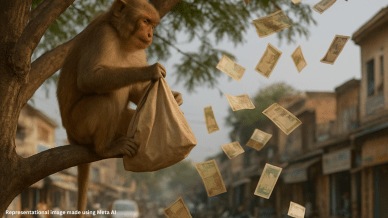 Monkey throws money from atop tree