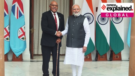 Prime Minister Narendra Modi (right) with his Fijian counterpart Sitiveni Ligamamada Rabuka in New Delhi, Monday, Aug. 25, 2025. (AP Photo/Pankaj Nangia)